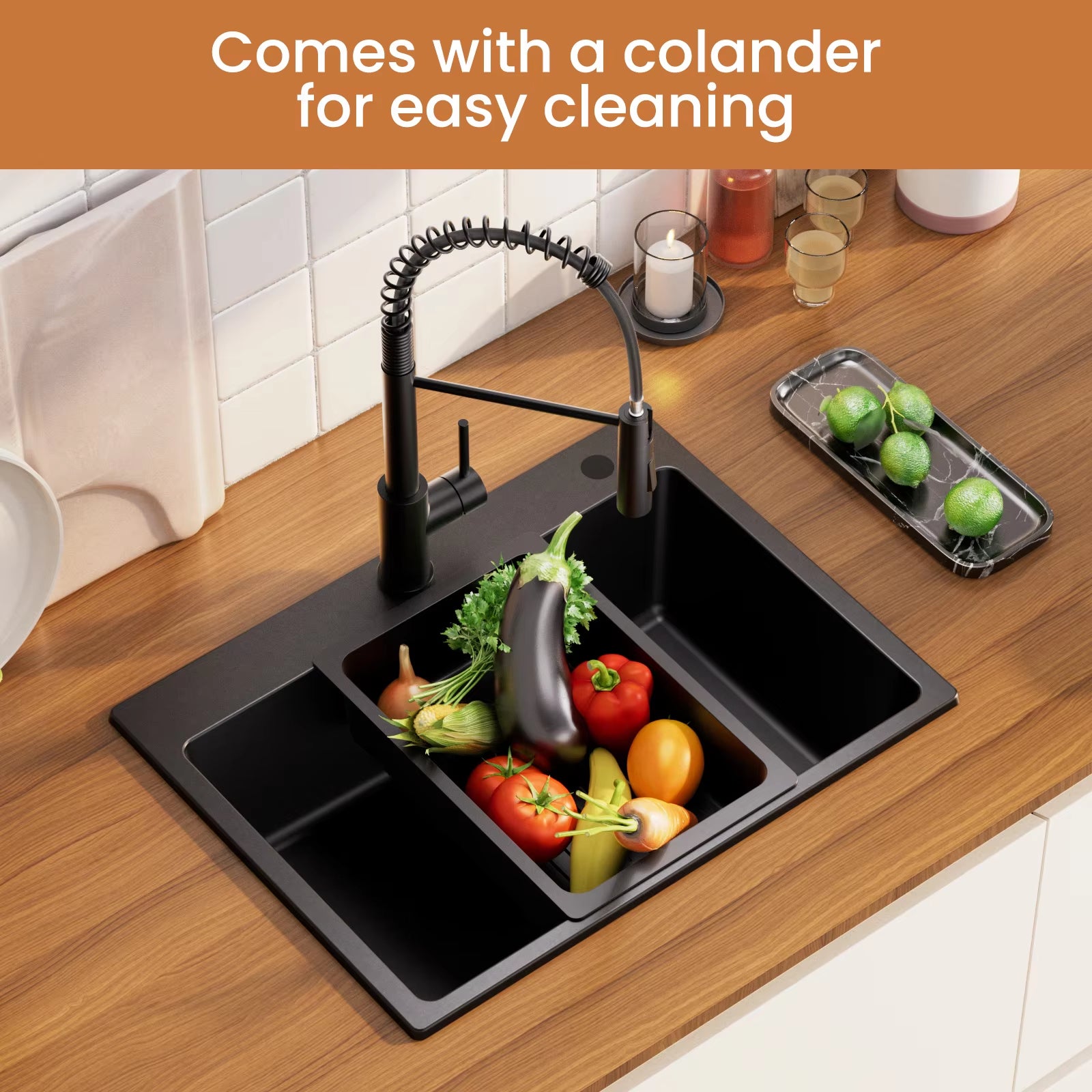 Nicola fregadero de cocina granito compuesto 60x45cm 1,5 cubeta con cesto colador sifón rebose resistente calor rayaduras instalación empotrada