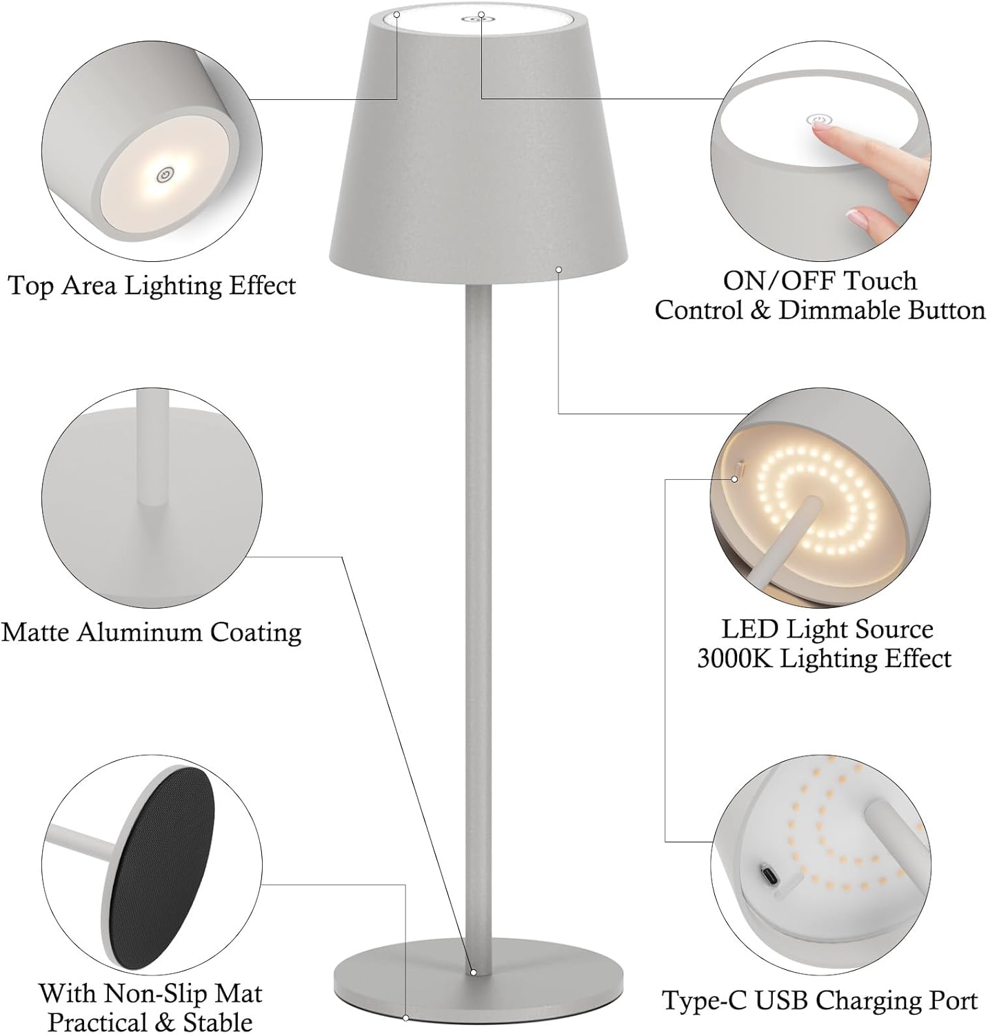 Klighten 2 Piezas LED Recargable Lámpara De Mesa Con Batería, Regulable Negro Lámpara De Escritorio Aluminio Con USB-C Carga Para Interiores Y Exteriore, 3000K/4000K/6000K, IP54