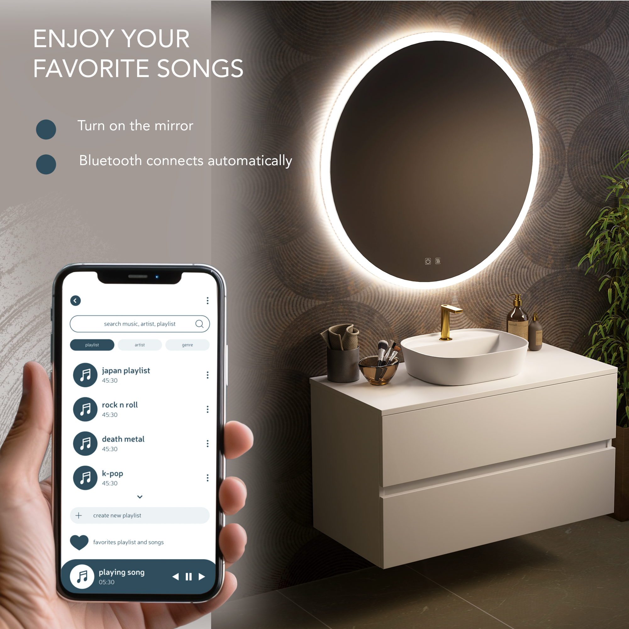 Feel Your Bath Miroir Rond LED 80 cm avec Bluetooth, Lumière Tricolore, Antibuée, Interrupteur Tactile, Arrêt Automatique et Installation Facile - 2