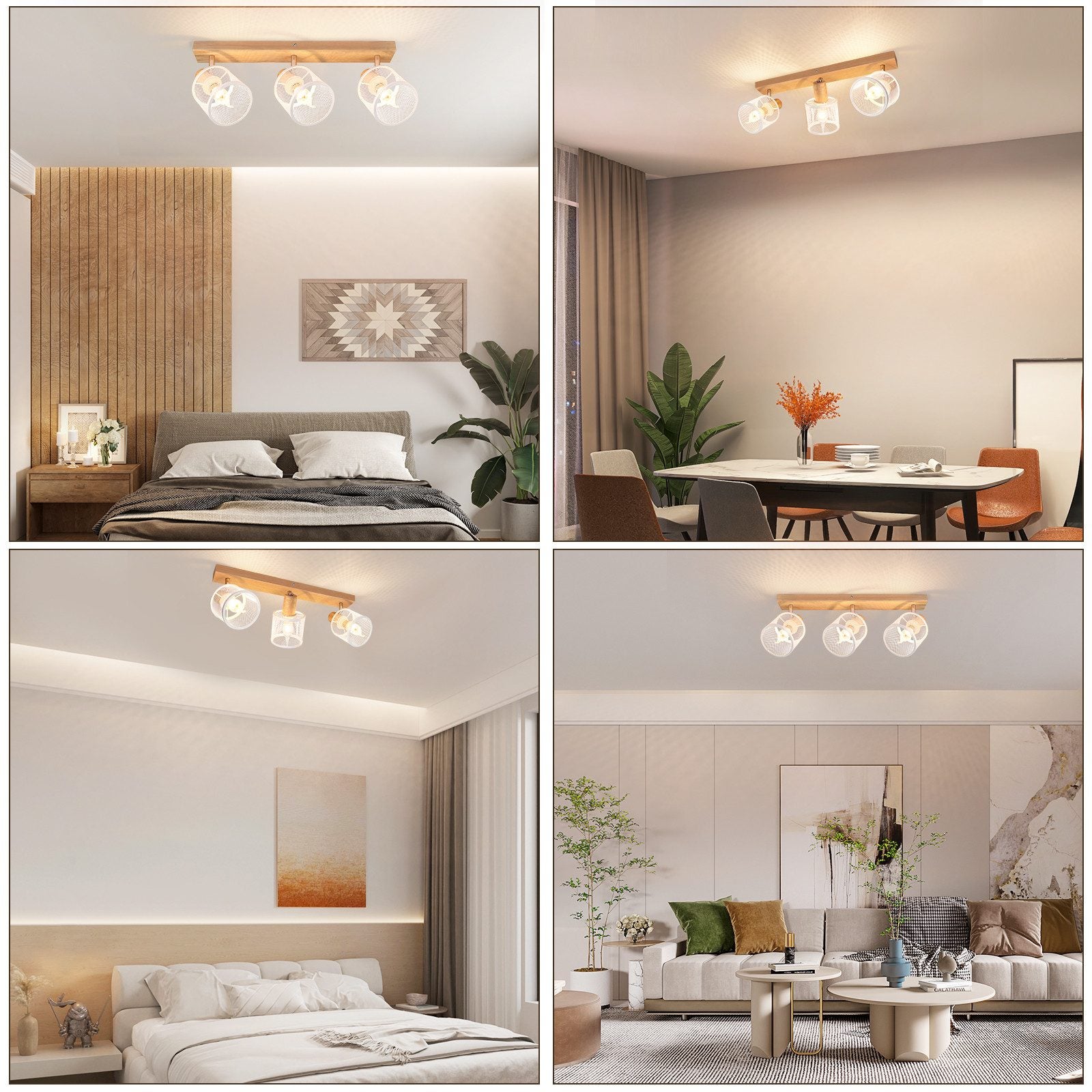 NETTLIFE Faretto da soffitto, Plafoniera 3 faretti effetto legno bianco, E14 plafoniera orientabile 350° max 25 W moderna per soggiorno - 7