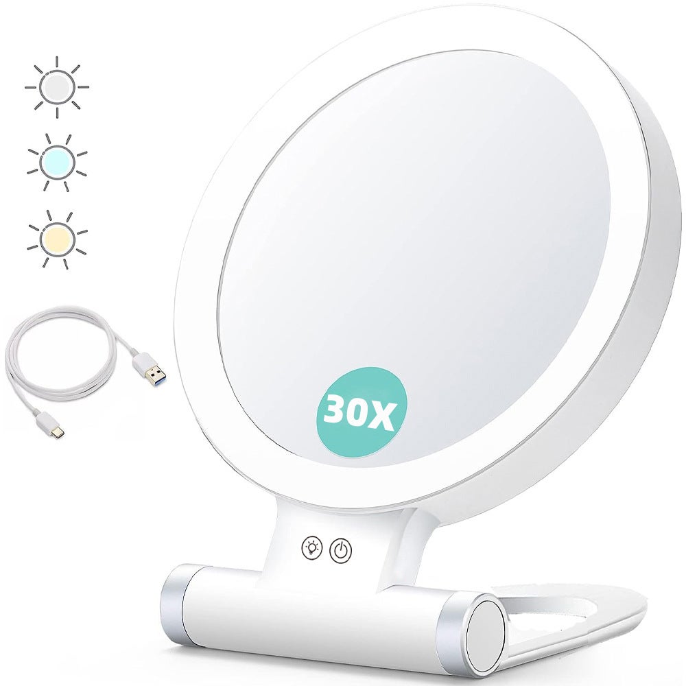 Podświetlane lusterko powiększające, 30x/1x, dwustronne, przenośne do makijażu, oświetlenie 3 kolorów, ekran dotykowy z regulacją intensywności