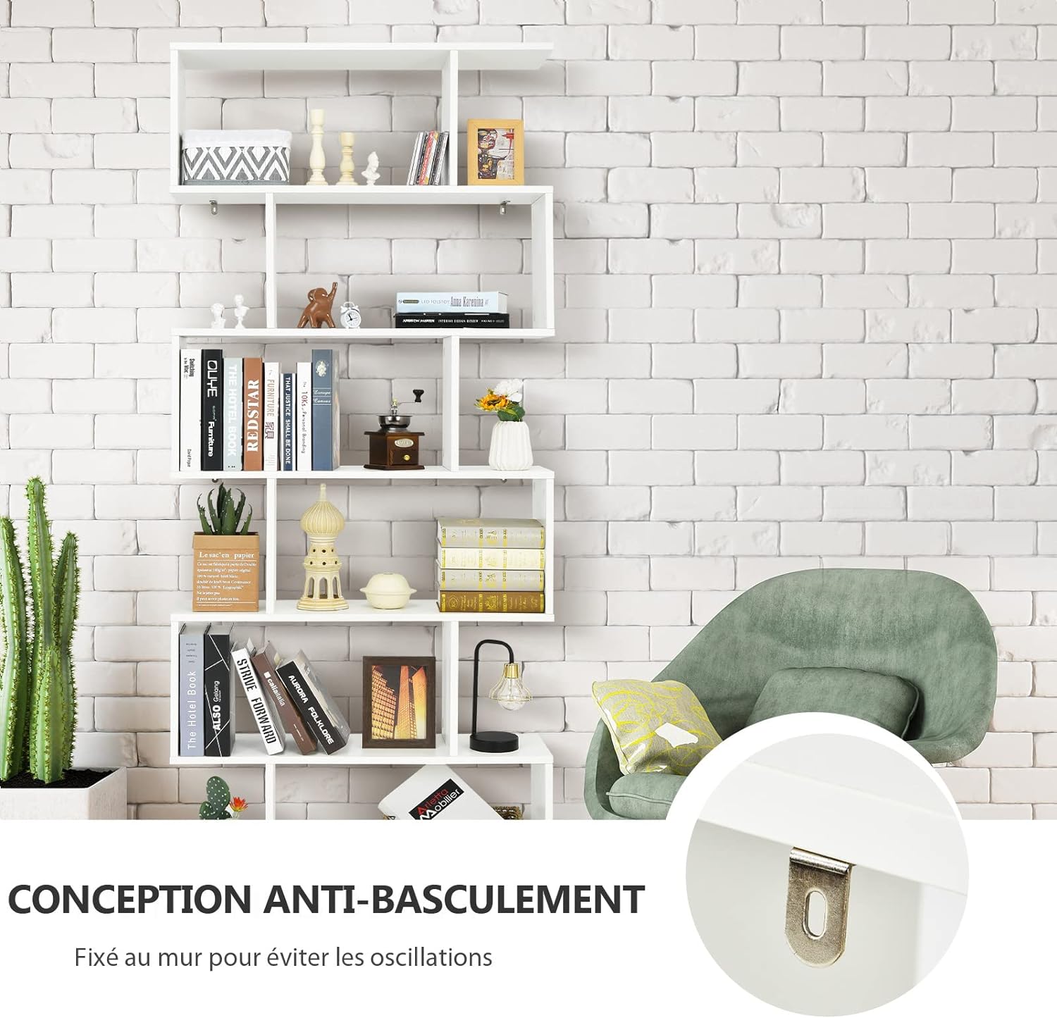 Bibliothèque en Forme S, 80 x 23 x 191 cm Étagère de Rangement à 6 Niveaux, Style Moderne Industriel avec Dispositif Anti-Basculemen, Blanc - 5