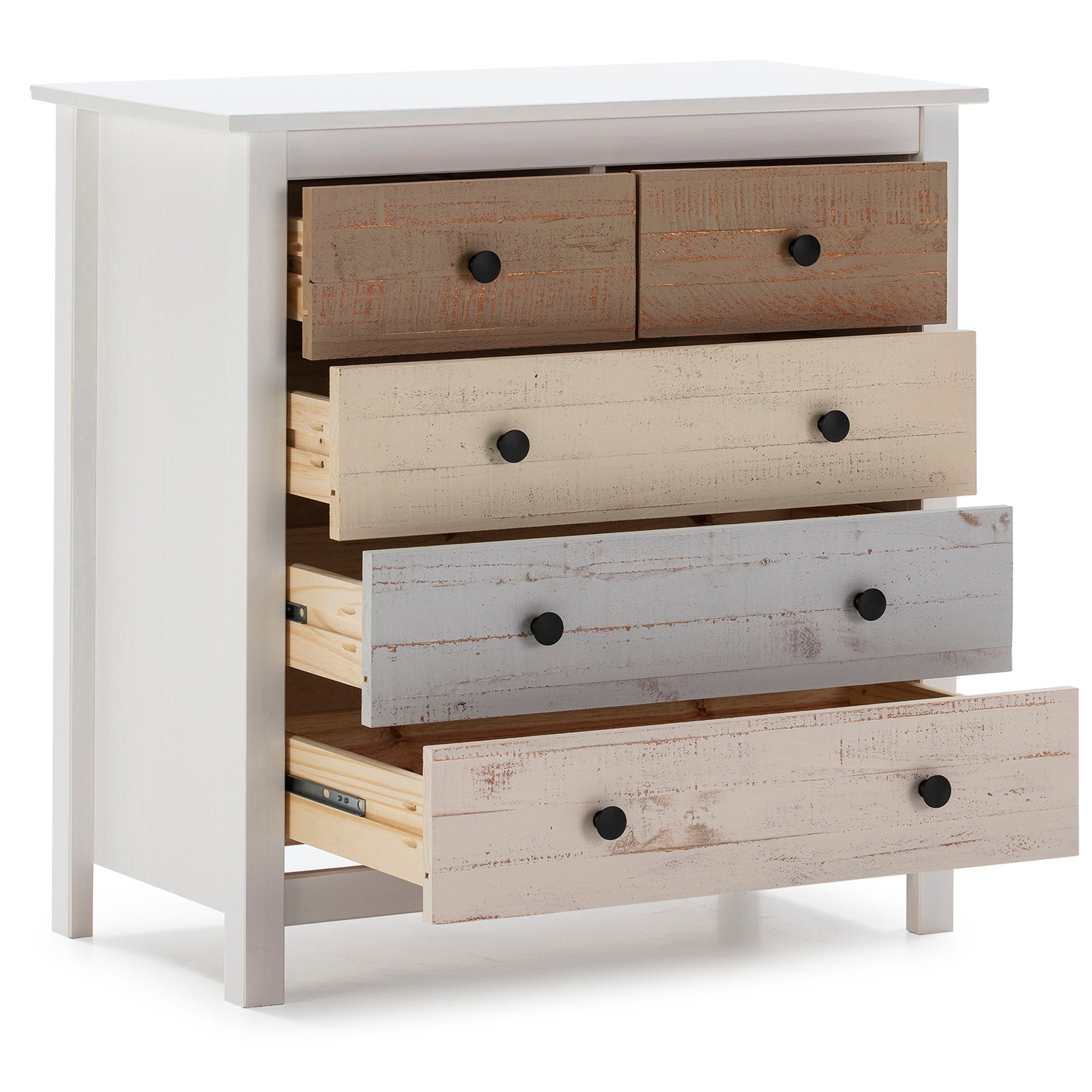 Commode 5 tiroirs Magda dans les tiroirs Blanc et Multicolores, 79 cm Longueur - 2