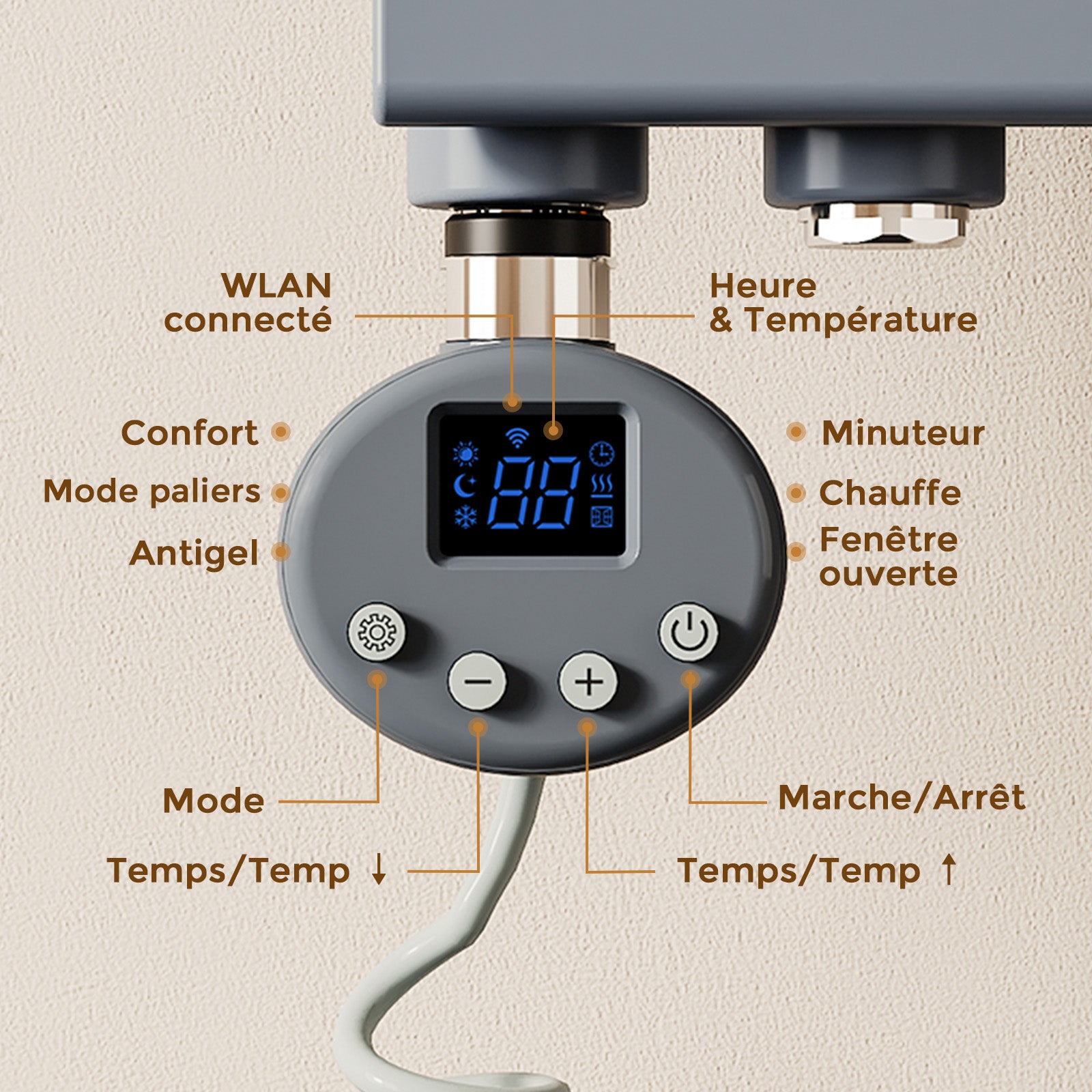 Grzałka elektryczna 1200W do grzejnika łazienkowego, element grzewczy z termostatem, WiFi, kolor antracytowy - 3