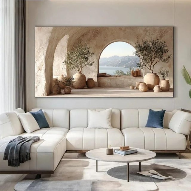 Cuadro moderno sobre lienzo que representa el mar Mediterráneo y un olivo, ideal para decorar su salón (60 x 120 cm, sin marco).