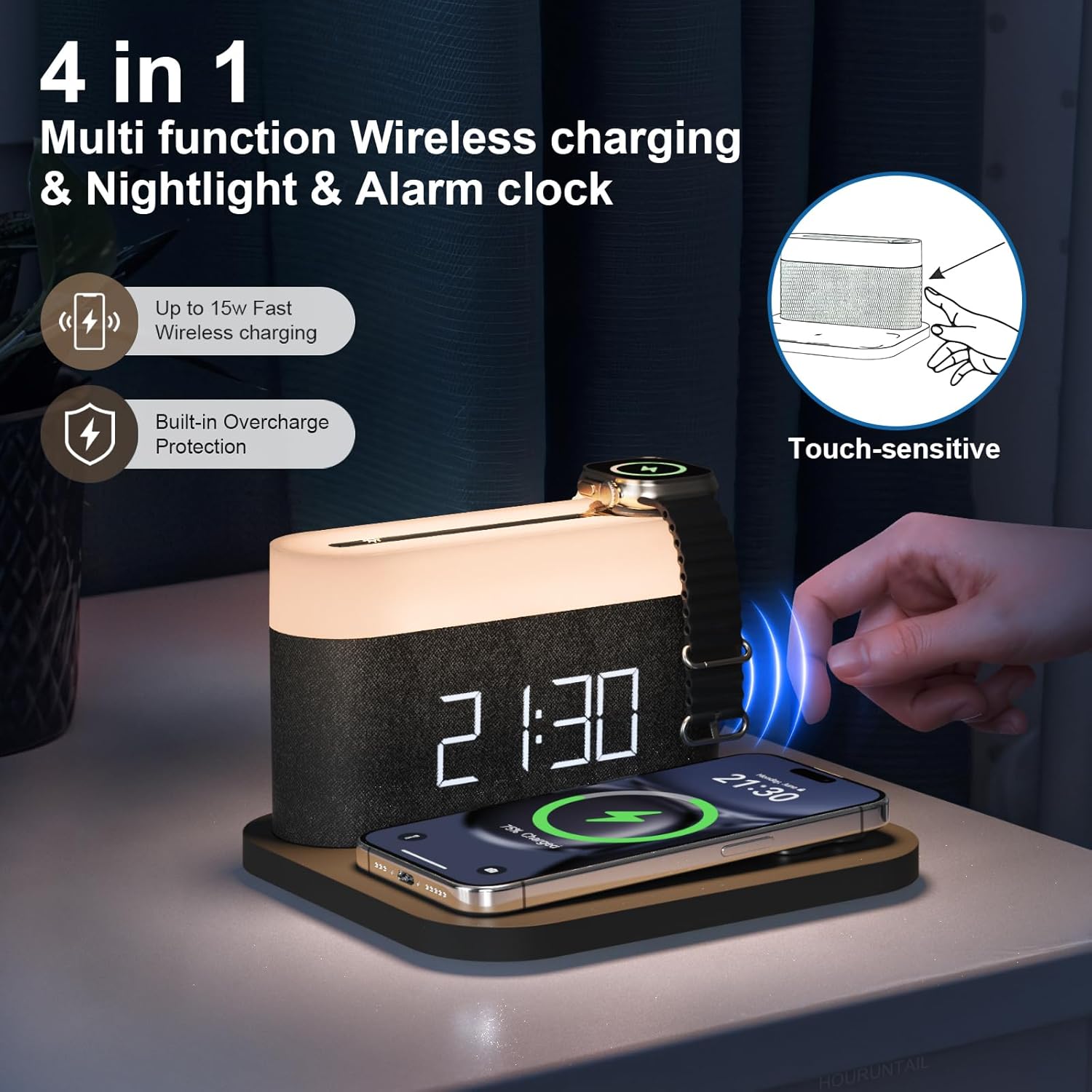Réveil multifonction avec chargement sans fil, lampe de chevet tactile 15 W max, veilleuse 3 couleurs pour chambre, table de chevet, bureau (noir) - 3