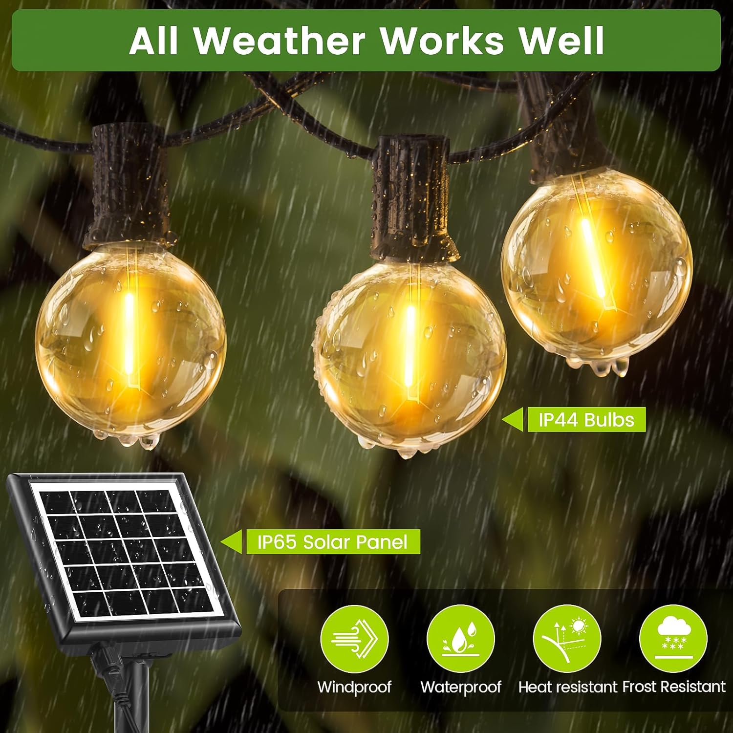 Kit di luci a LED solare da 10 m - 20 LED G40 - Bianco caldo 2700 K - Telecomando + Timer - Per pergola, eventi all'aperto - 3