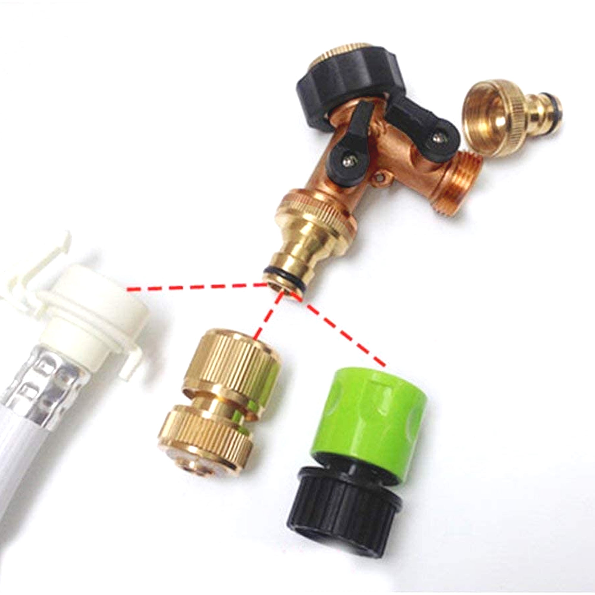 Raccordo doppio per rubinetto da giardino con valvole, Attacco doppio maschio, Raccordo d'innaffiatura a Y, 2 vie, Ideale per il tubo da giardino - 4