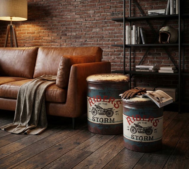 Milani Home - set 2 pouf contenitore tondi, MDF e PVC, seduta contenitore poggiapiedi, blu, 30 x 30 x 37 cm