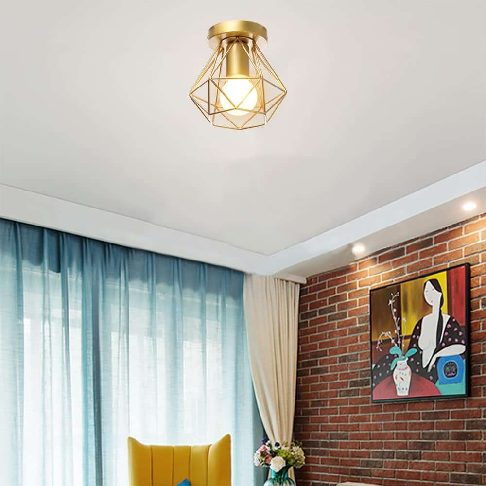 Plafonnier industrielle cage en métal fer forge, retro suspension luminaire lustre style vintage lampe de plafond, E27 base Ø16cm - Doré - 5