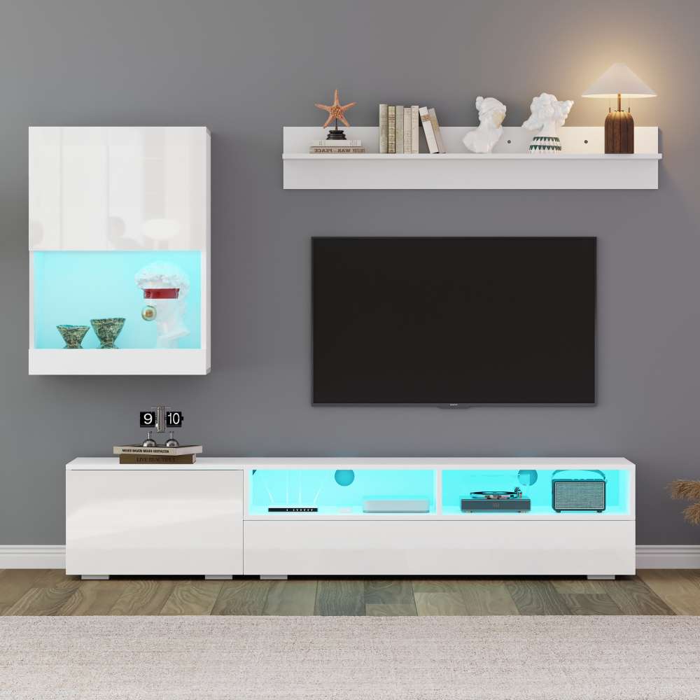 Meuble TV mural LED 175 cm, portes en verre et étagères suspendues, design moderne, TV jusqu’à 80 pouces