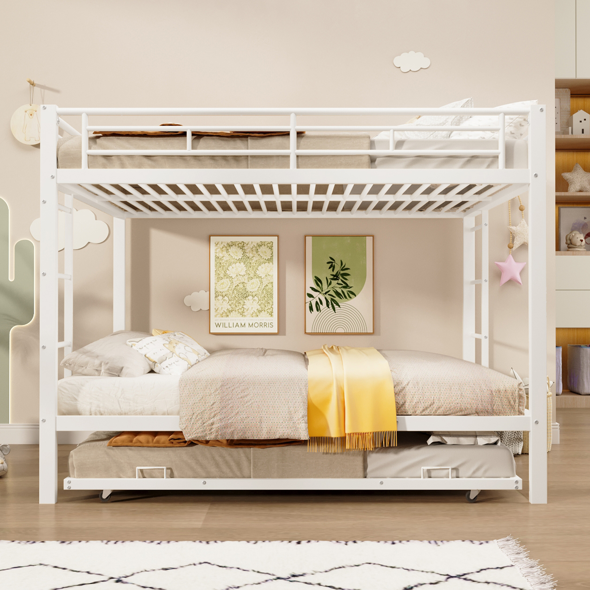 Lits superposés 2 x 140 x 200 cm avec lit gigogne 90 x 190 cm - Cadre en métal - Blanc (sans matelas) - 6