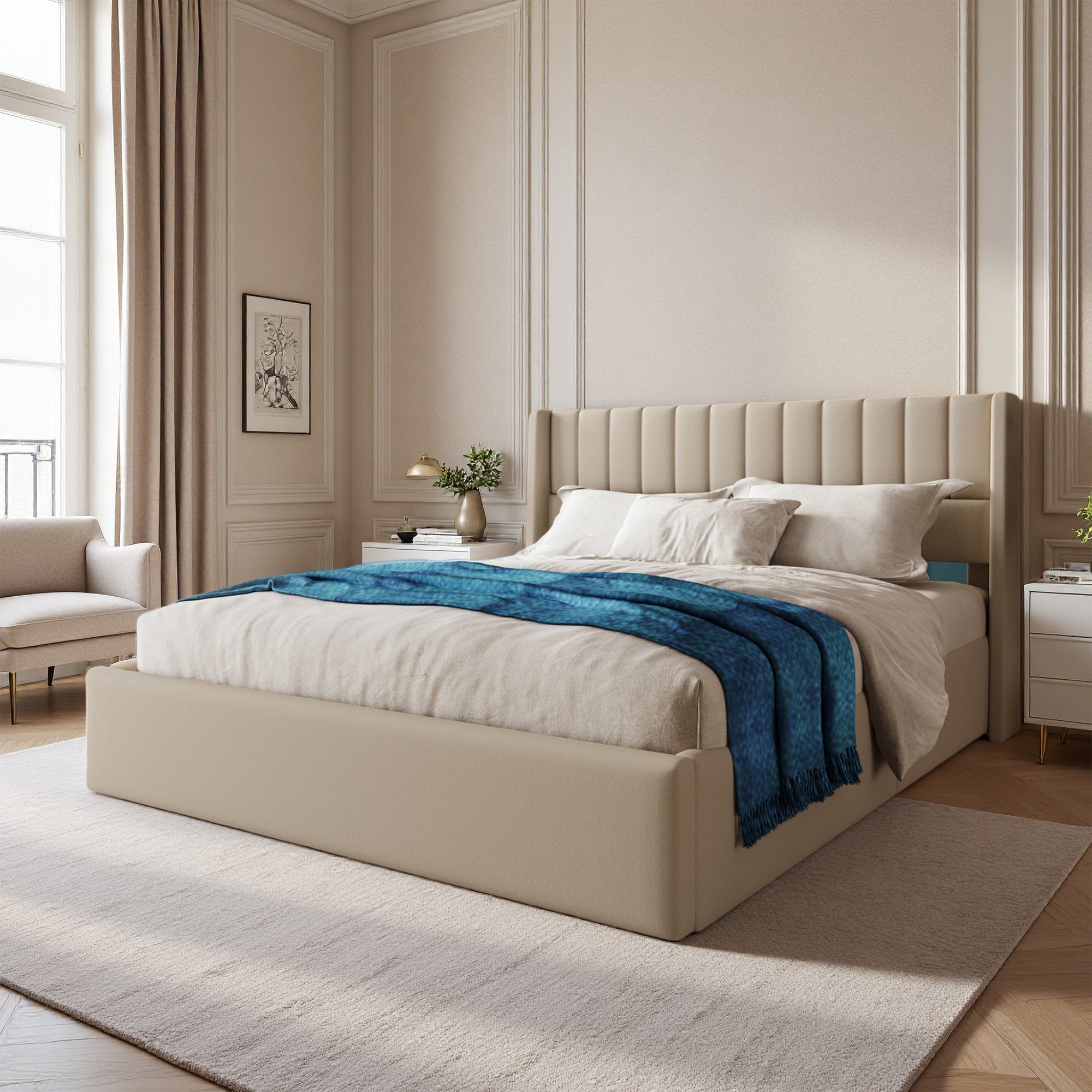 Lit coffre 160x200 cm avec hydraulique, cadre de lit double avec sommier à lattes, lit adulte, tissu en lin, 160x200 cm, beige - 5