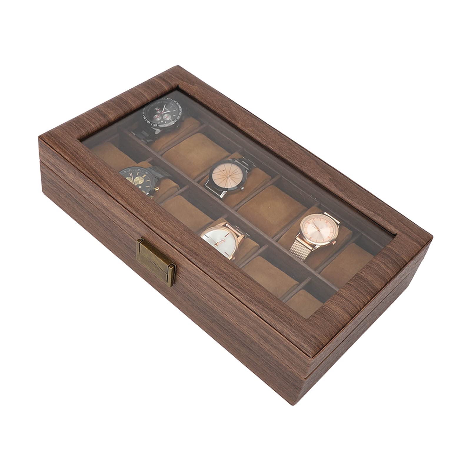 Boîte de rangement pour montres 12 compartiments en grain de bois, étui de rangement de luxe, intérieur en cuir PU ultra lisse - 7