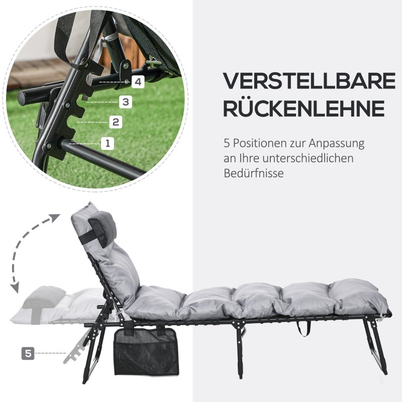 Chaise longue pliante 5 positions avec coussin et appui-tête, structure acier, tissu respirant, 58x189x32,5cm, 120kg, gris clair - 4