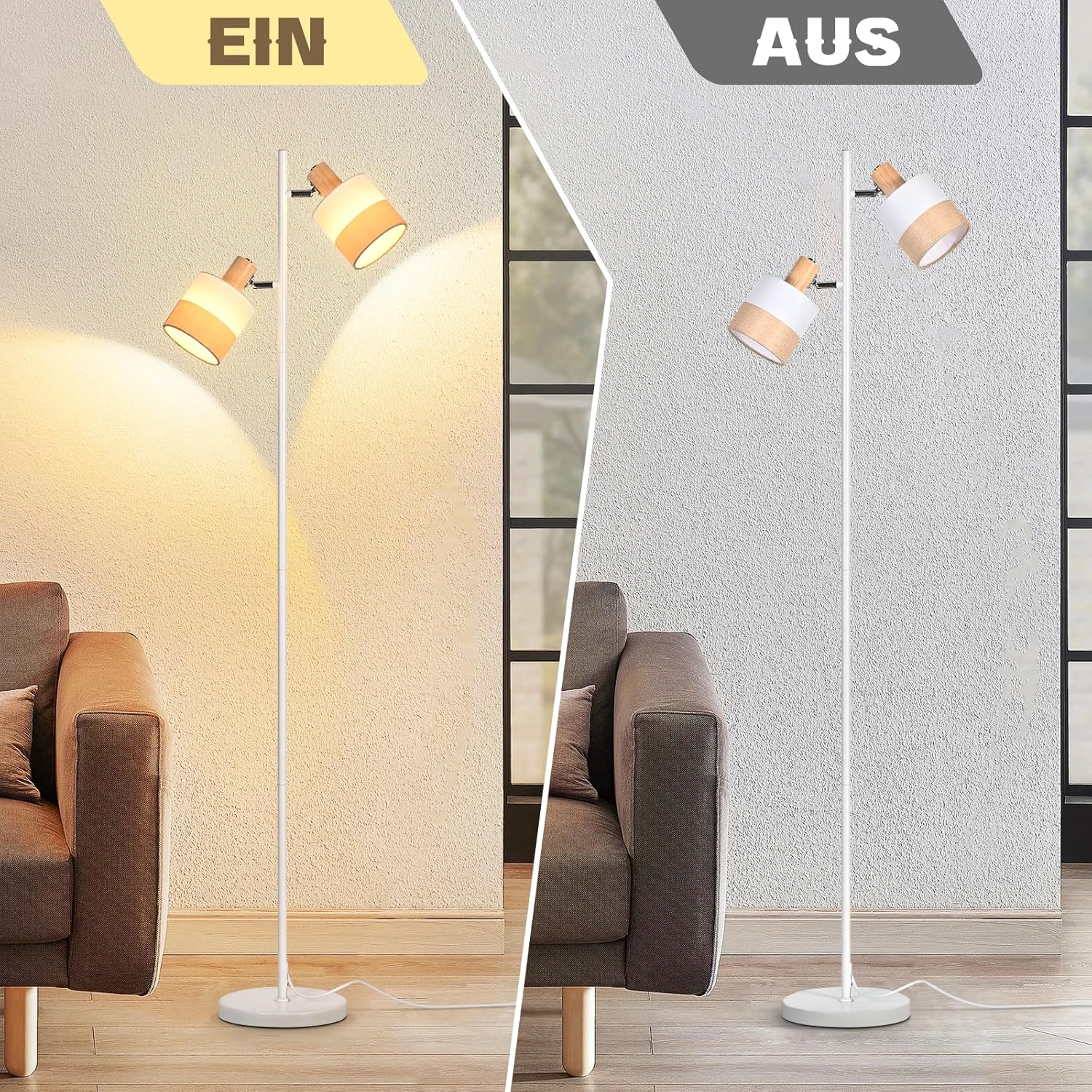 Lampa podłogowa Nettlife Vintage z drewna, 2xE14, styl retro, klosz z materiału, obrotowa, przełącznik nożny, salon/sypialnia - 7
