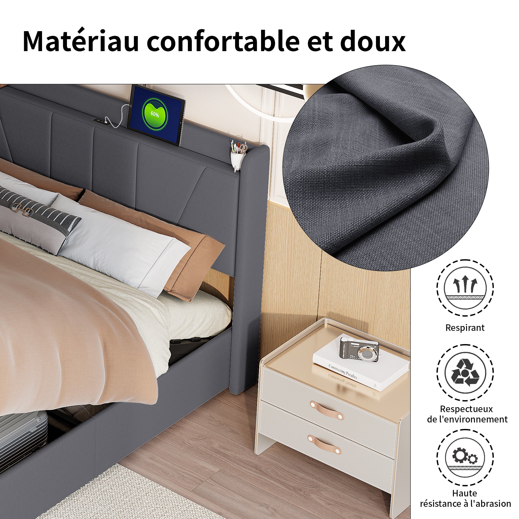 Lit Coffre 160x200 avec USB et Type C, Lit capitonné avec Sommier à Lattes, Lit Double, Gris - 5