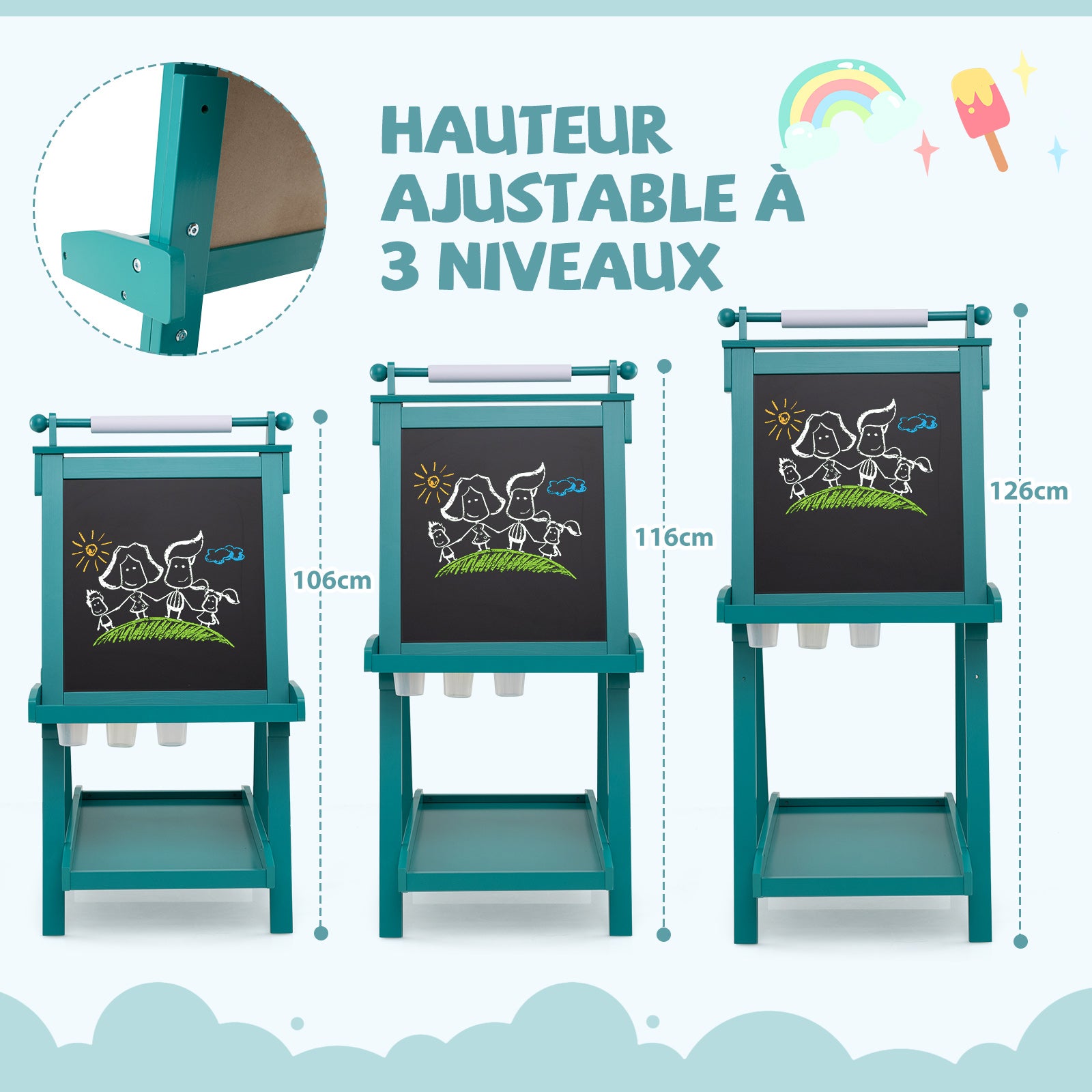 Chevalet Pliable pour Enfants, Double Face avec Tableau Noir et Tableau Blanc Magnétique, Rouleau de Papier Remplaçable, 3 Gobelets, Vert - 4