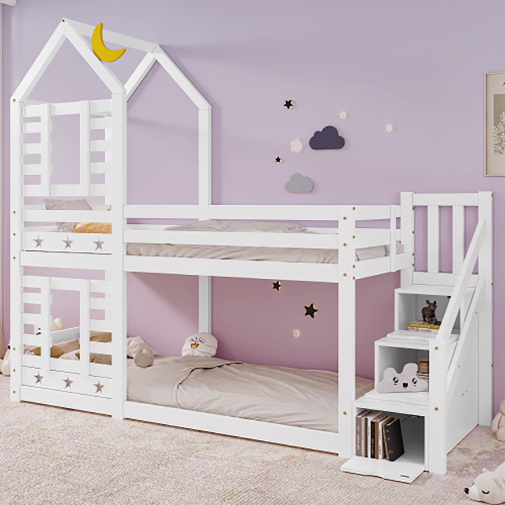 Lit Mezzanine Enfant 90x200 Cm Avec Toit Cabane – échelle 3 Marches, Barrières De Sécurité, Cadre Pin (blanc/naturel)