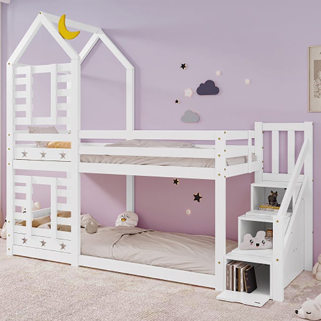 Lit Mezzanine Enfant 90x200 Cm Avec Toit Cabane – échelle 3 Marches, Barrières De Sécurité, Cadre Pin (blanc/naturel)