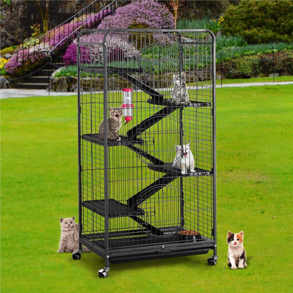 Cage pour Petits Animaux en Métal Multi Niveaux avec 5 Rampes, 5 Plateformes et 3 Portes, Noir Yaheetech - 2