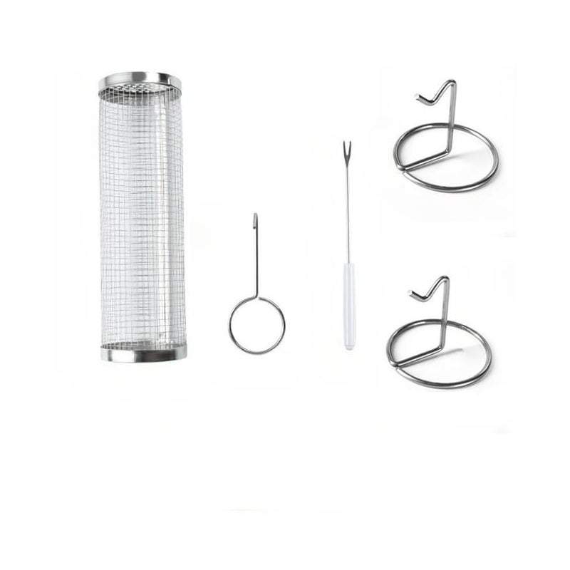 Ruszt do grillowania ze stali nierdzewnej 304, okrągły, 9 x 30 cm, cylindryczny kosz do grillowania, wyposażony w haki i widelce oraz 2 uchwyty