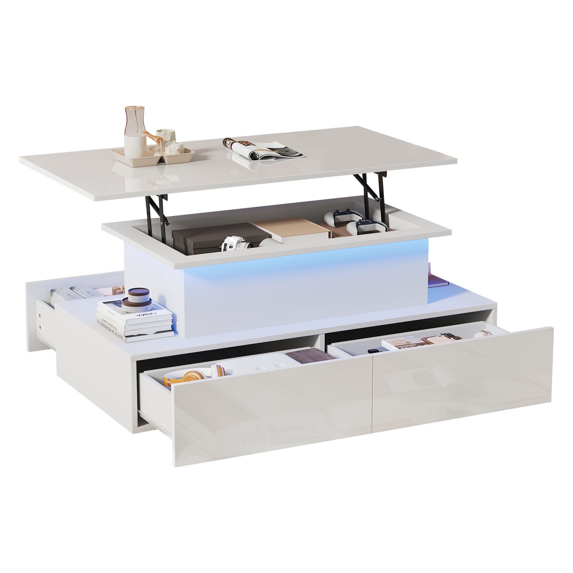 Table basse relevable LED, 90 x 55 x 41cm, Table d'appoint moderne salon, avec 4 grand tiroirs, rangement caché Blanc - 9