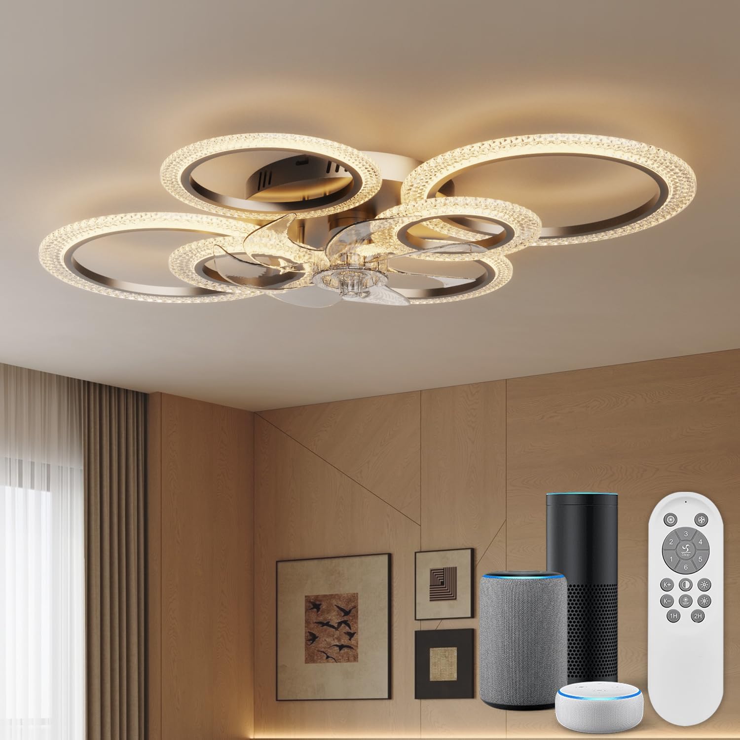 Ventilador de techo con luz y control silencioso, compatible con alexa/app, ventilador invisible con luz de techo, negro.
