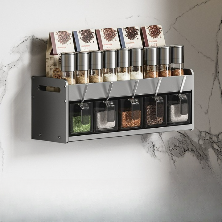 Półka kuchenna bez wiercenia, wielopoziomowa półka ścienna, stojak do przechowywania przypraw i przypraw, szary, 2 poziomy, 5 misek