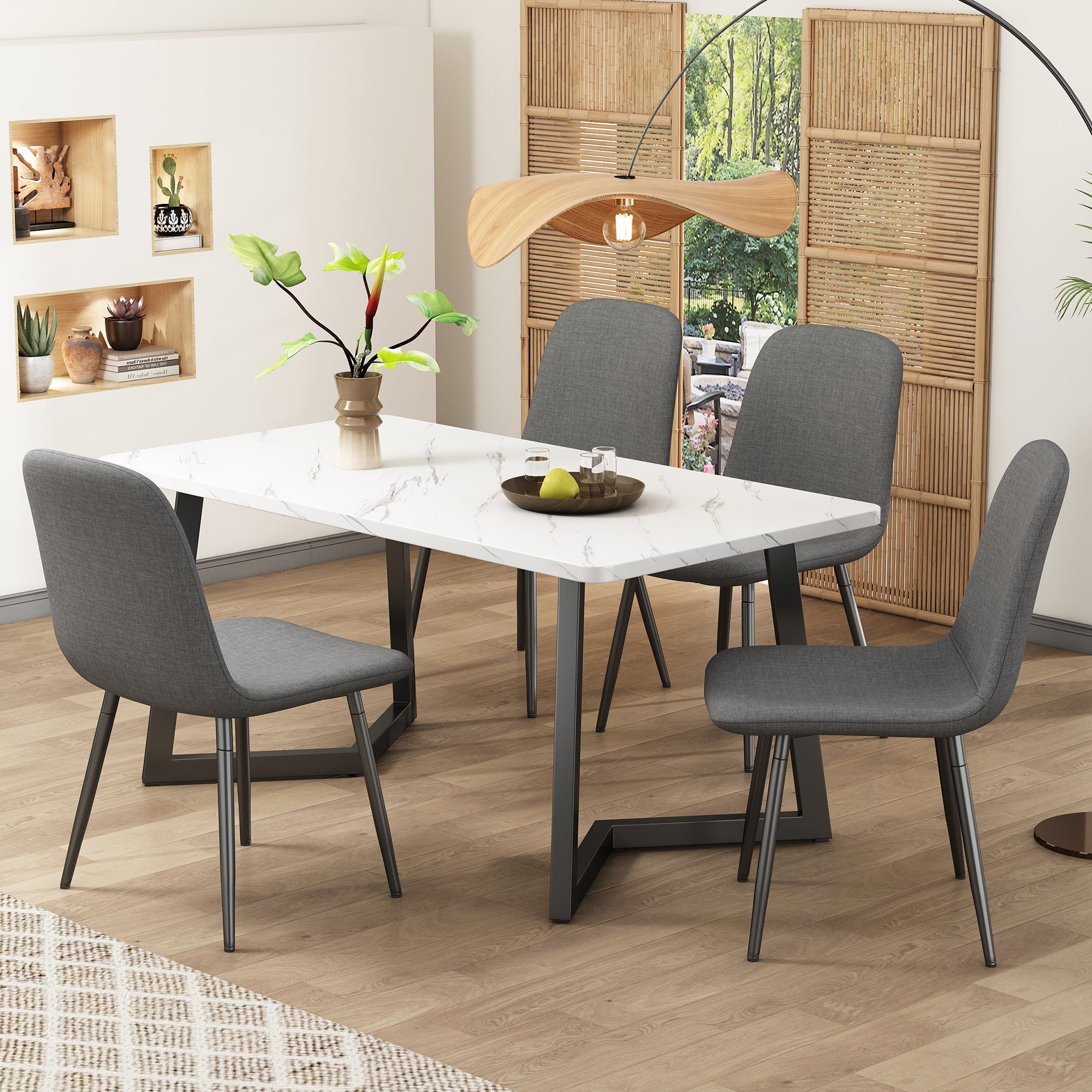 Ensemble Table Et 4 Chaises Hexagonale Moderne - Plateau Marbre Blanc, Piètement Métal, Chaises Velours Gris