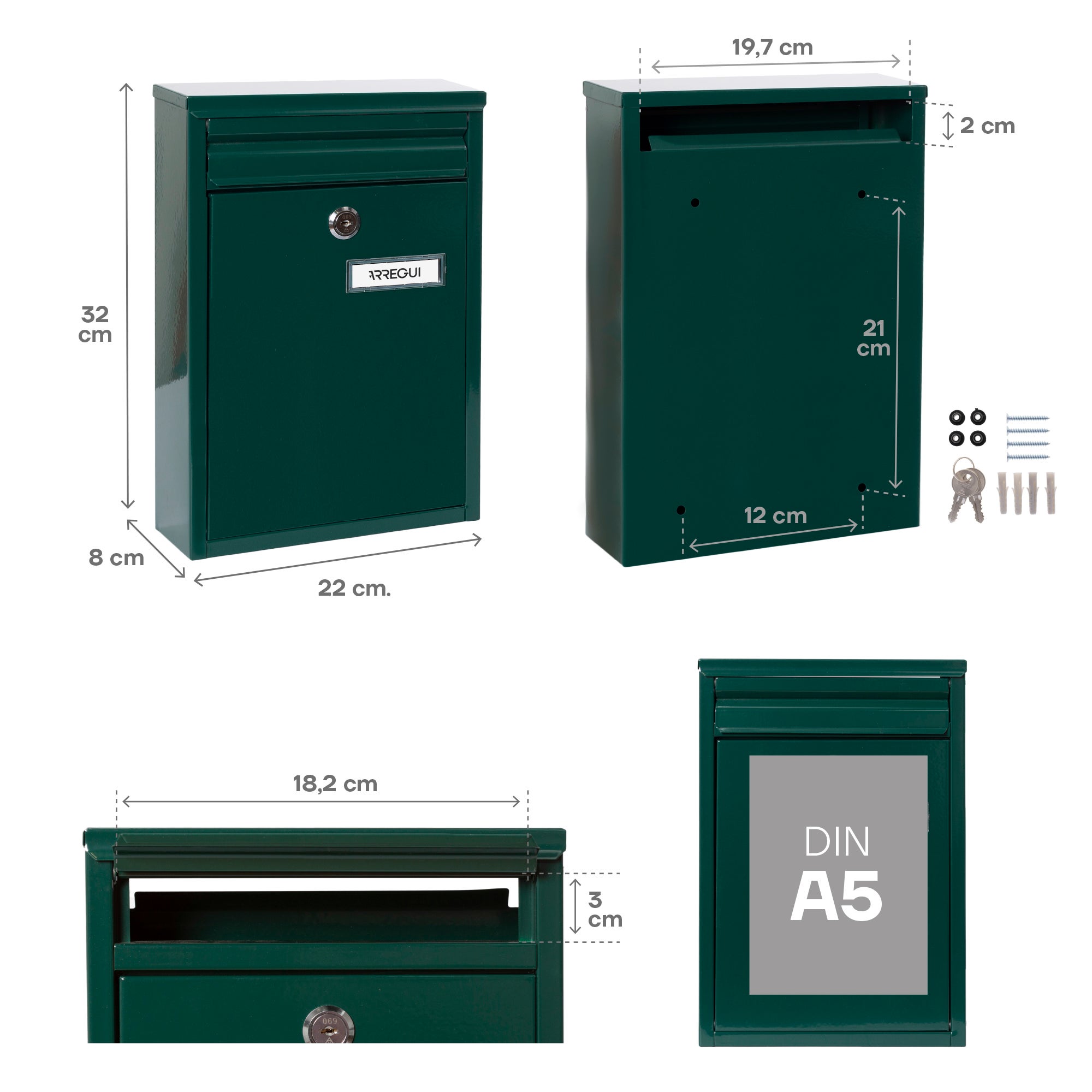 ARREGUI Zaguán E5753 Cassetta Postale Individuale in Acciaio, Cassetta Postale Da Esterno o Raccogliposta, Dimensione S (DIN A5), Verde - 3