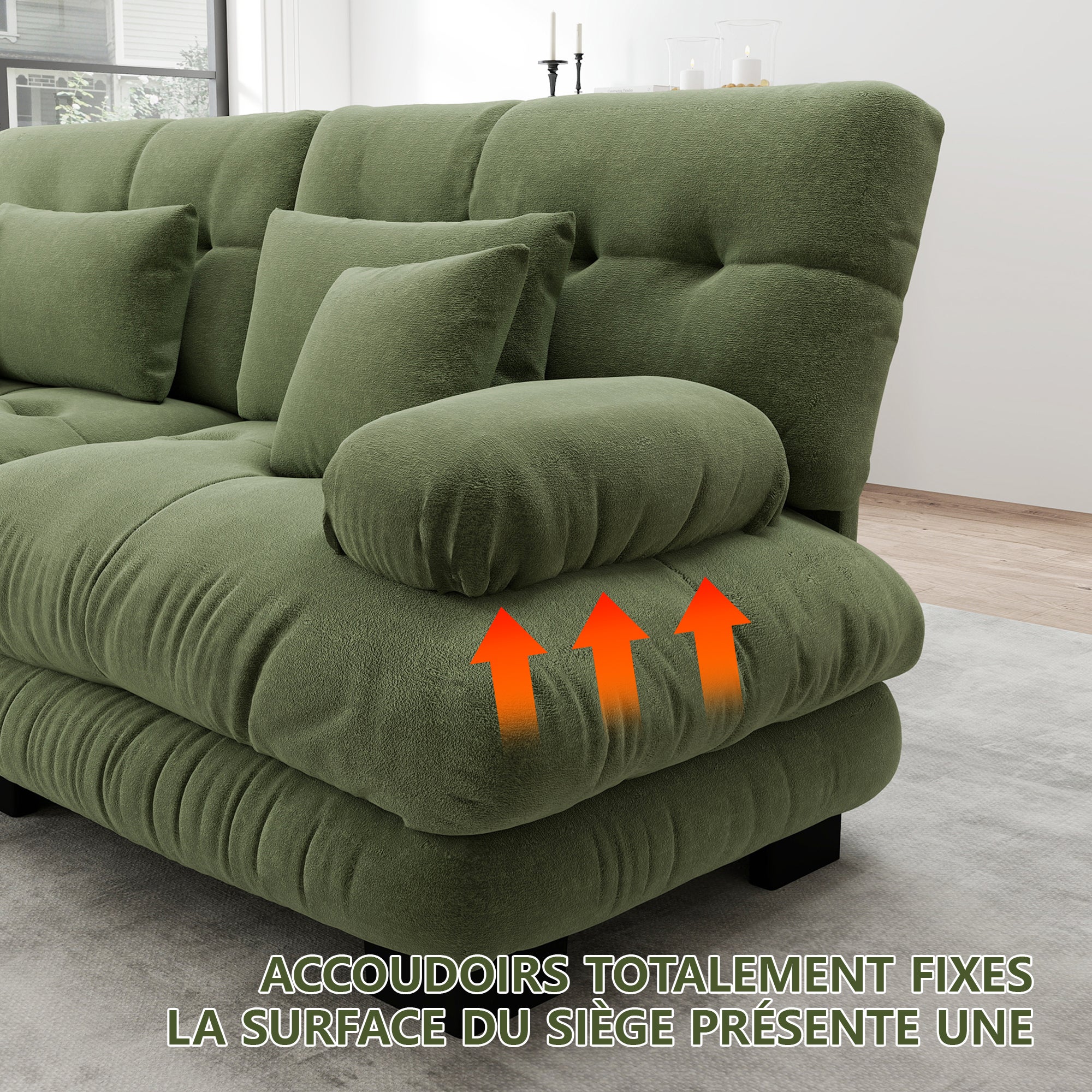 Canapé d'angle modulable, Canapé 3 places confortables avec pouf mobile,&nbsp;coussins décoratifs et lombaires inclus, Canapé U pour salon,&nbsp;chenille, Vert - 4