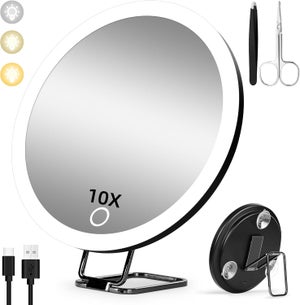 Specchio Trucco Con Luci LED – Ingrandimento 1x/10x, 3 Colori E Luminosità Regolabile, Ricaricabile USB-C, Pieghevole