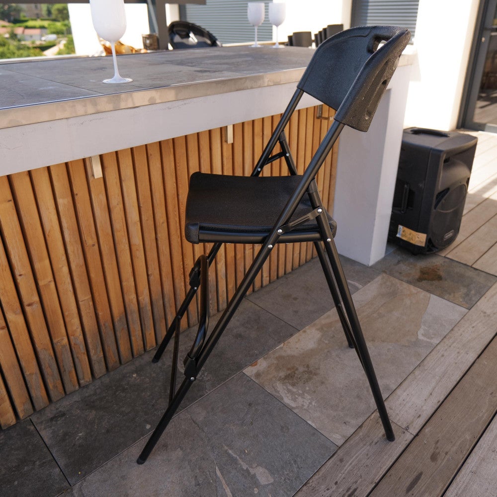 Lot de quatre chaises de bar pliantes noires - Ht 120cm - Chaises hautes pliantes - Cadre en acier - avec dossier et repose pied - 5