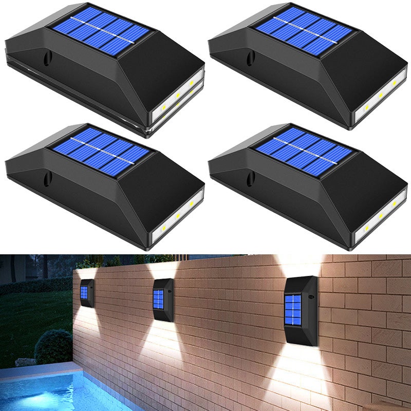 Zestaw 4 lamp solarnych, oświetlenie góra i dół, kinkiety zewnętrzne, lampy na werandę, wodoszczelne lampy na ogrodzenie, białe