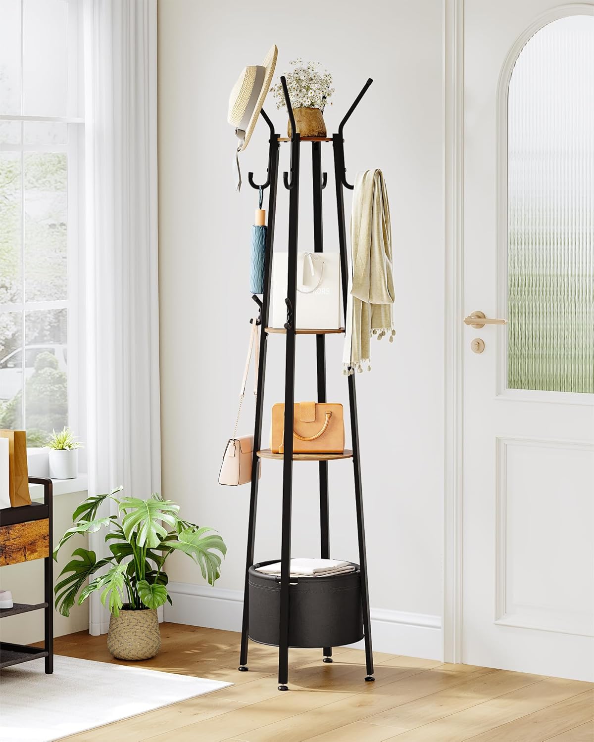 Porte-manteau Autoportant avec 3 Étagères, Arbre d'entrée avec 16 Crochets pour Écharpes,Porte-manteau avec 1 Panier,Marron et Noir - 2