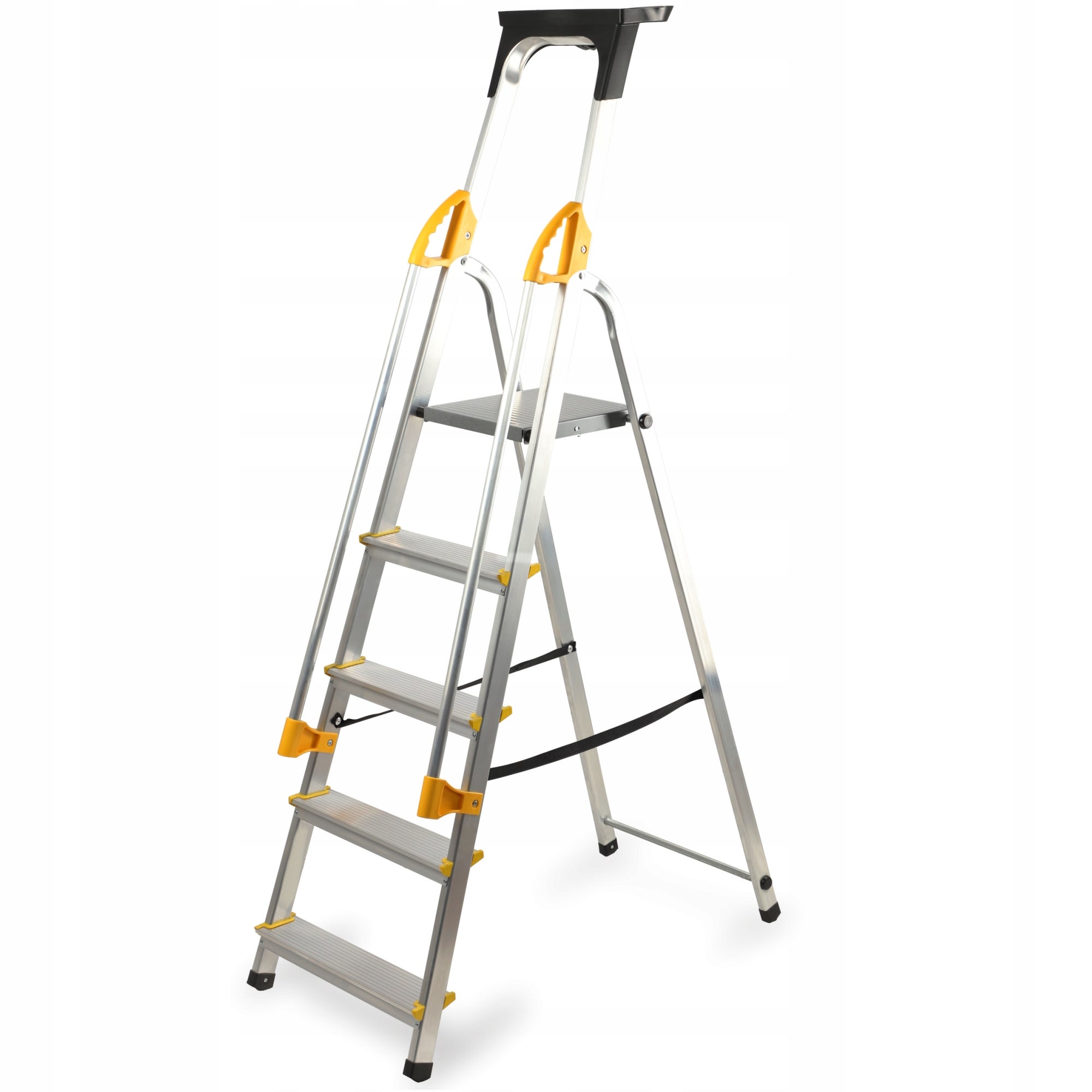 DRABINA ALUMINIOWA DOMOWA 5 STOPNIOWA SKŁADANA Z PORĘCZAMI HAK PÓŁKA 150 kg
