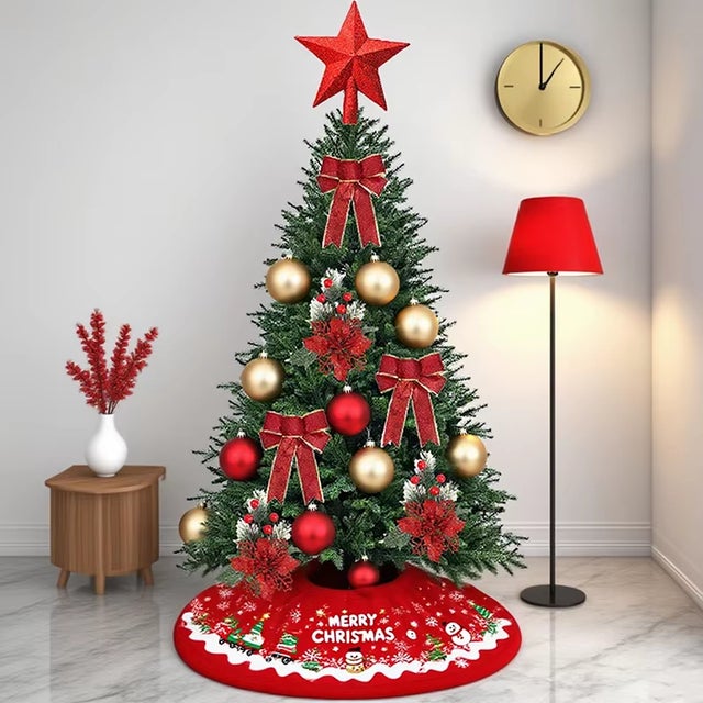 Árbol de Navidad artificial, con adorno navideño,decoración festiva para fiestas,rojo,bola de colores,falda para el árbol,estrella,lazo,flor(120 cm)