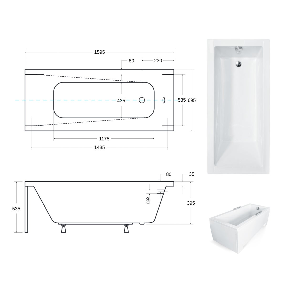 Baignoire rectangulaire de 160 x 70 cm - avec Tablier Blanc et Repose Tête OFFERT - MODERN - 4
