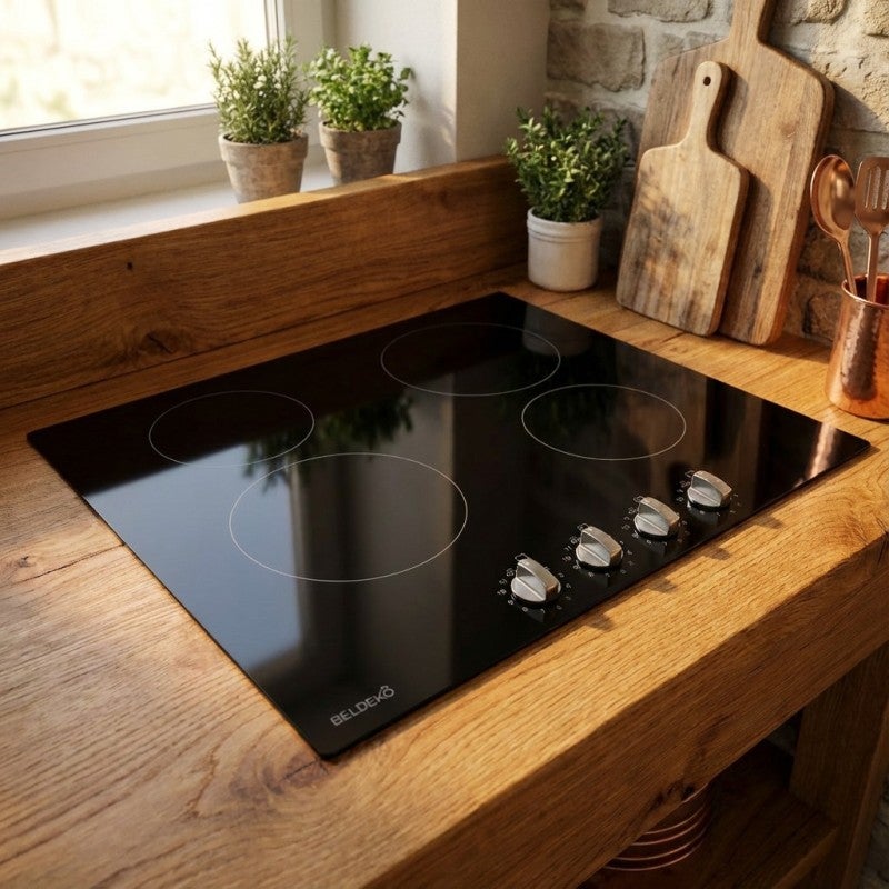BELDEKO - Plaque de Cuisson Vitrocéramique 4 Foyers Encastrable avec Boutons de contrôle - 6000W - 8