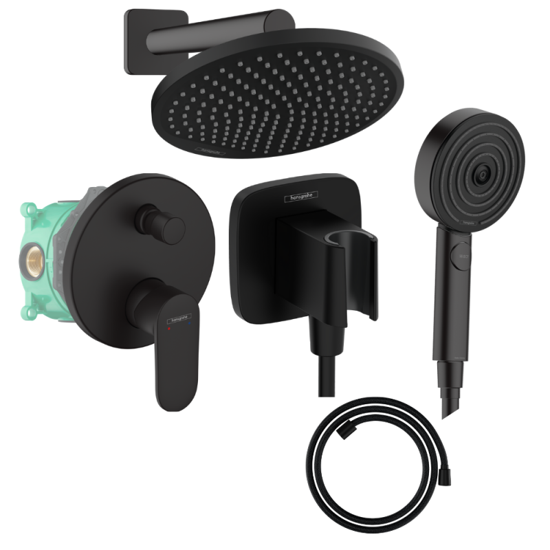 Columna de ducha empotrable mecánica hansgrohe vernis blend ducha fija crometta flexible designflex pulsify teleducha negro