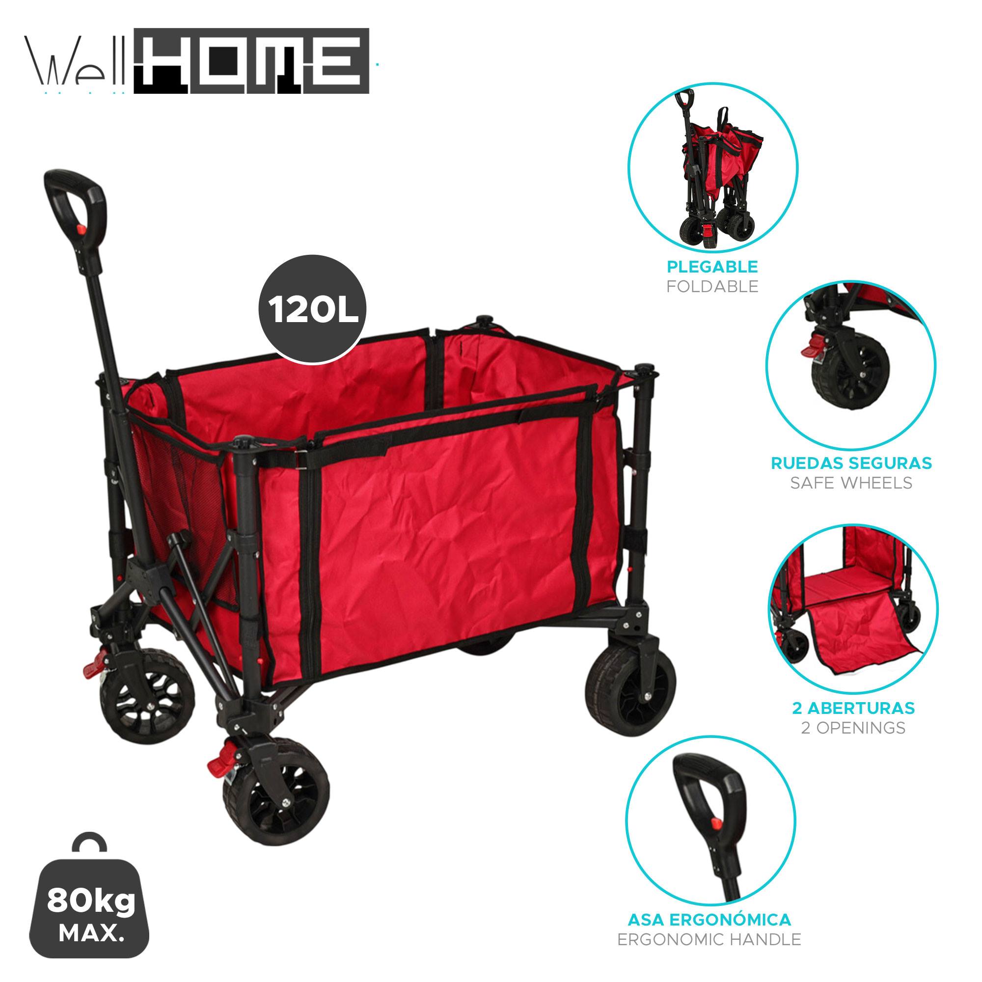 Carrello da spiaggia pieghevole da 120 litri in acciaio al carbonio e poliestere, colore rosso e carico massimo di 80 kg - 2