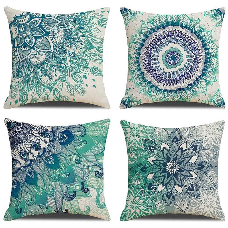 Fundas de cojín azul claro con flores de 45 cm x 45 cm (18 x 18 pulgadas), fundas de almohada con flores pintadas a mano en azul pavo real, un juego d