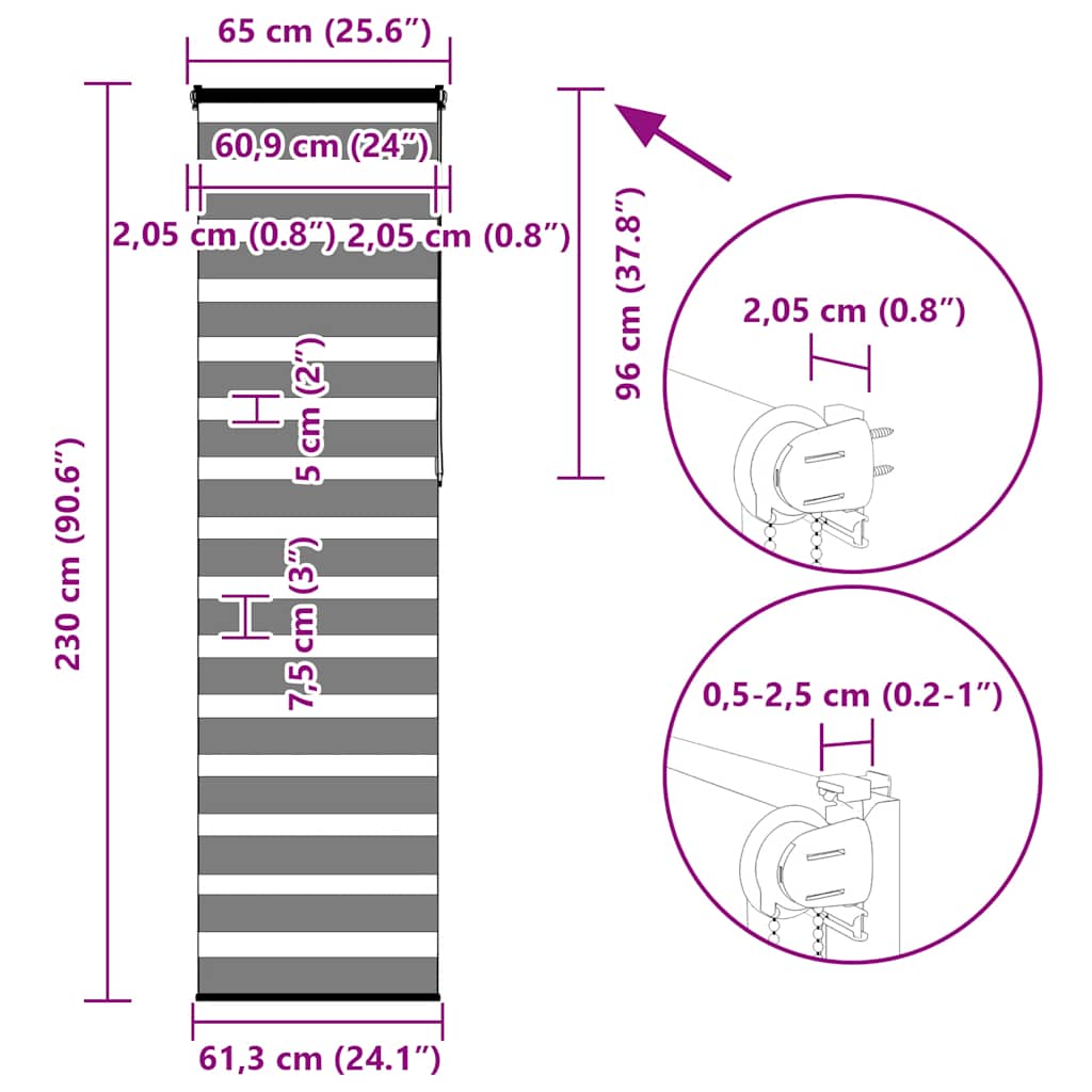Tenda a Rullo Zebra Nero Larghezza Tessuto 60,9 cm Poliestere vidaXL - 3