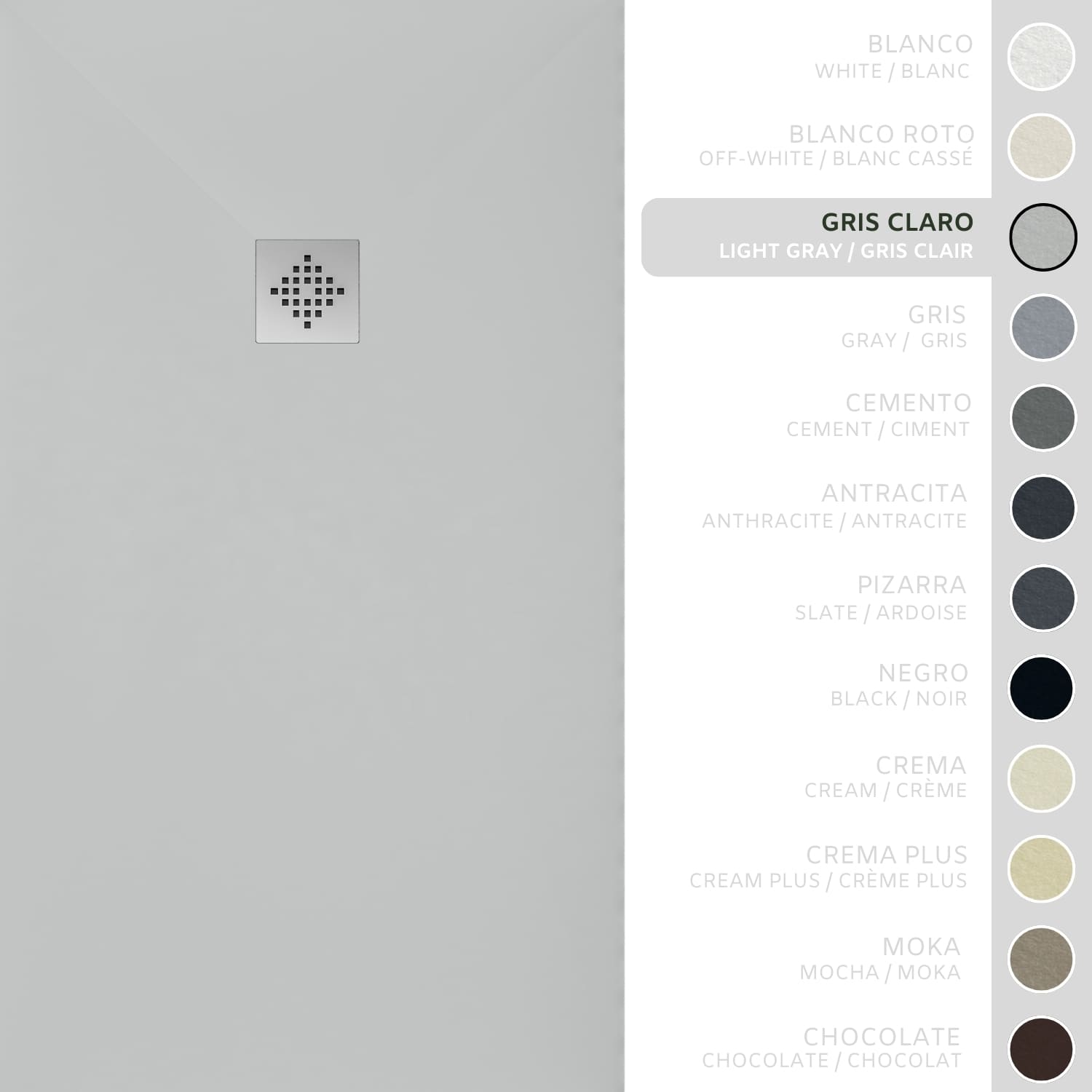 SOULHOME Brodzik prysznicowy– Żywica– Gel Coat– Gładka/Kamienna tekstura – Antypoślizgowy – Kolor jasnoszary – 80x80- Niski 3 cm– Standard