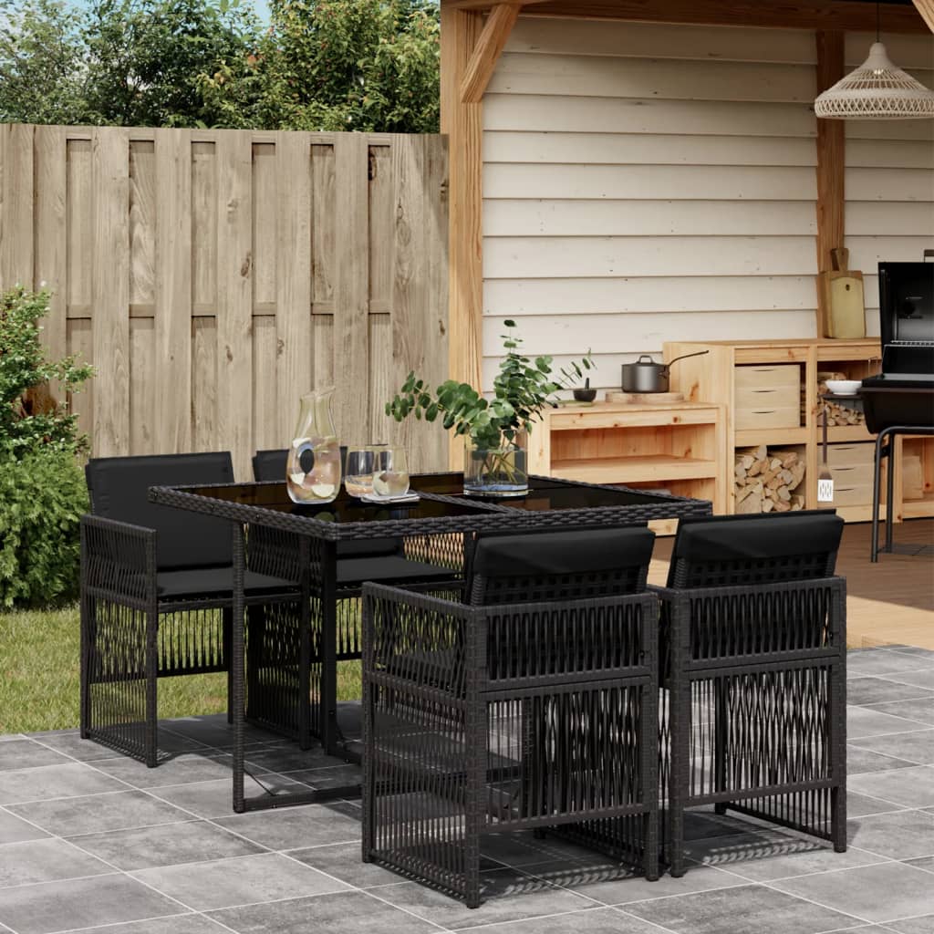 5 pcs conjunto de jantar p/ jardim | Conjunto lounge de jardim c/ almofadões vime PE preto CFW30249 - 2