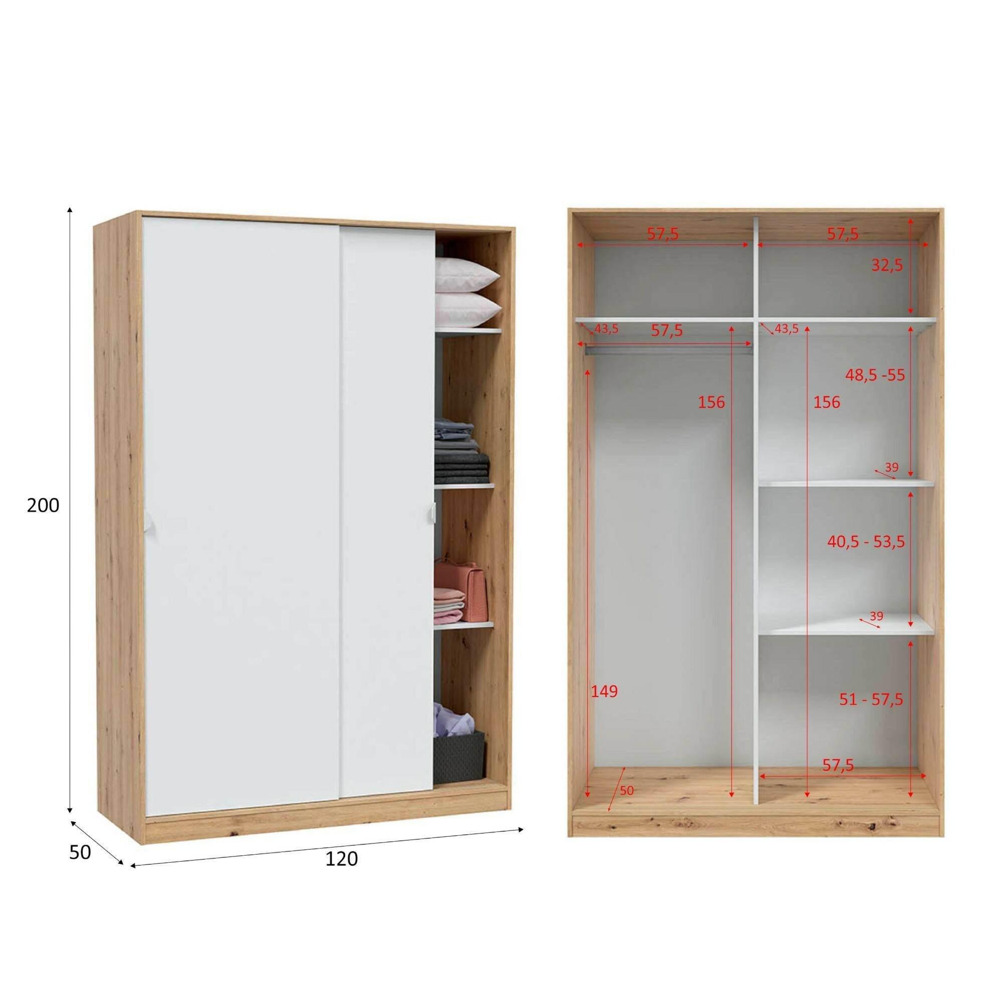 Guardaroba 2 ante Waterbury, Armadio per camera da letto, Mobile con 4 ripiani e barra appendiabiti, 120x50h200 cm, Rovere e Bianco - 3