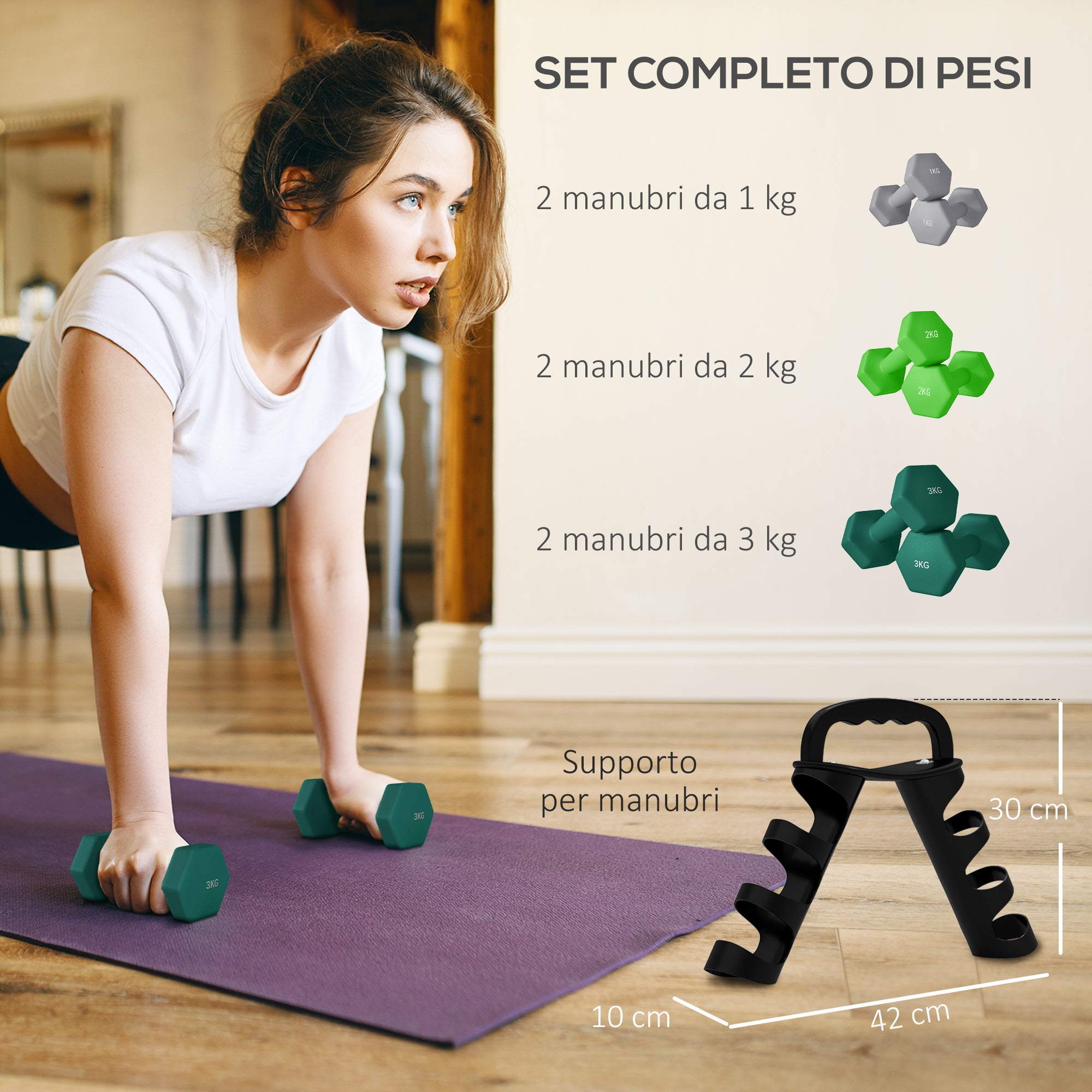 Conjunto halteres dobráveis suporte 2x1kg 2x2kg 2x3kg hexagonais metal punho casa multicolorido - 6