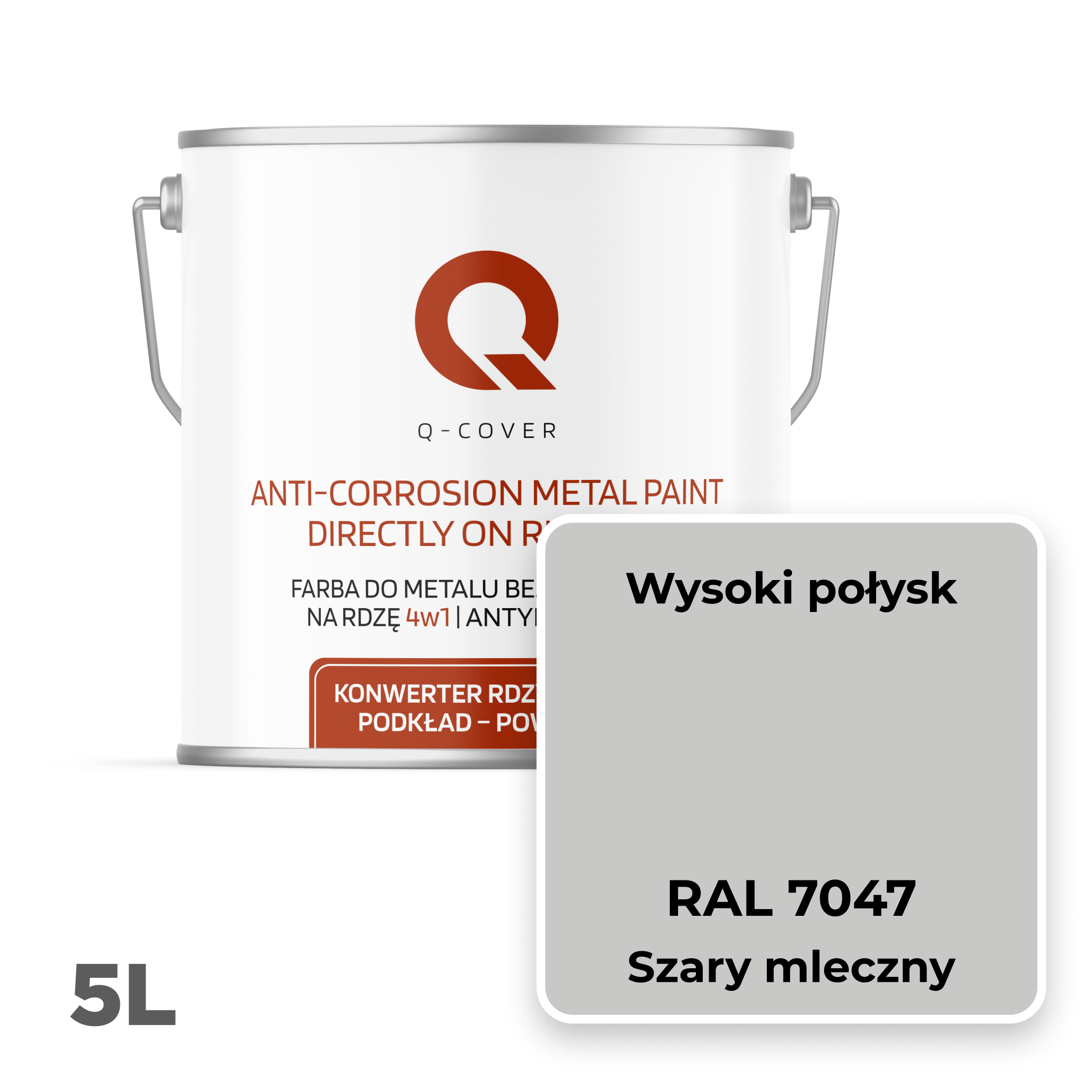 Farba do Metalu Prosto na Rdzę 4w1 Q-Cover Szary mleczny RAL7047 Wysoki Połysk 5L - 2