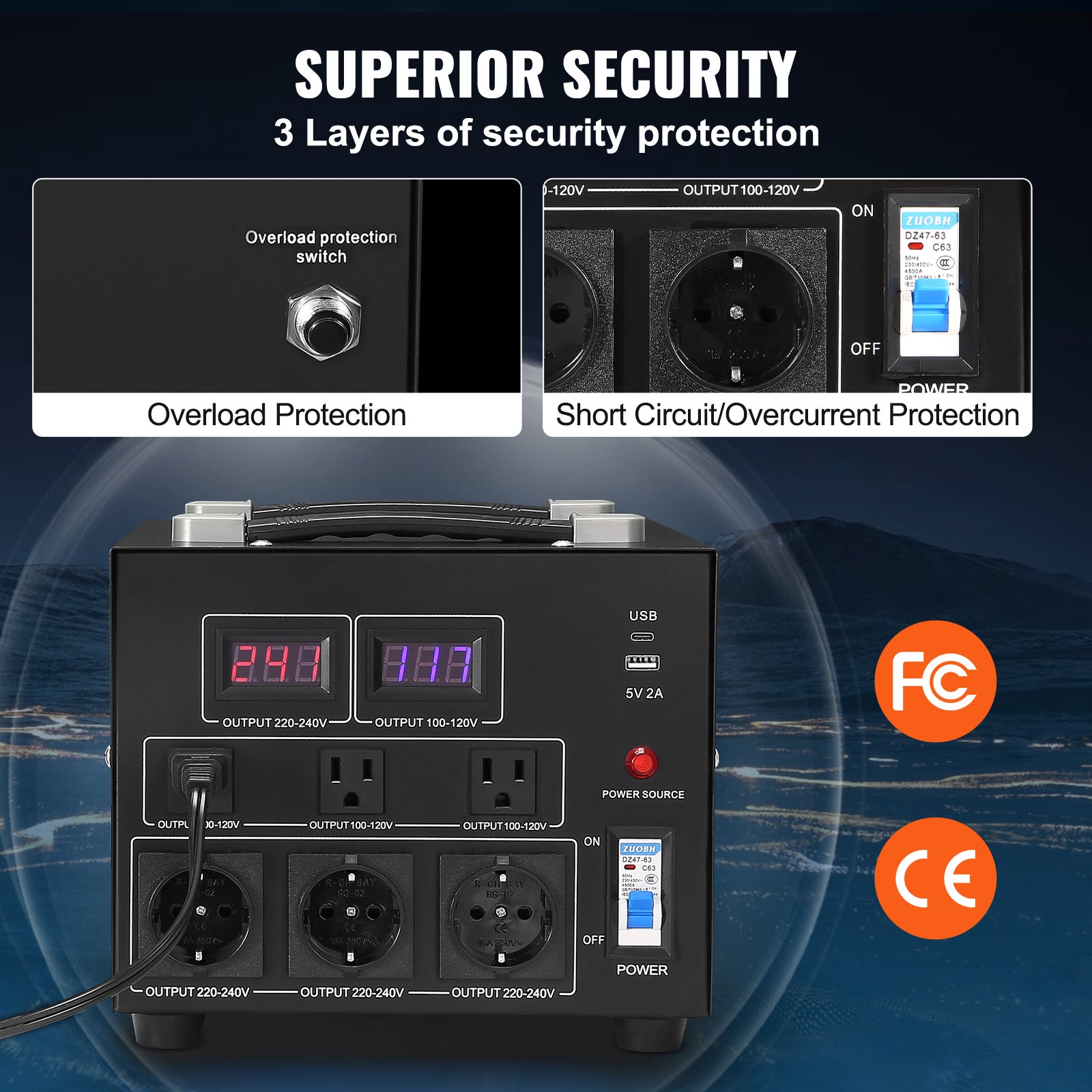 Transformateur convertisseur tension, 5000 W, élévateur/abaisseur robuste, 110 V à 220 V et 220 V à 110 V, prise américaine, prise SucceBuy - 6